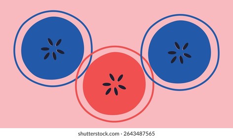 Appetizing fruit and berries collection. Decorative abstract horizontal banner with colorful doodles. Hand-drawn modern illustrations with fruit and berries, abstract elements. Abstract series	
