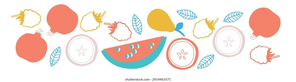 Appetizing fruit and berries. Decorative abstract horizontal banner with colorful doodles. Hand-drawn modern illustrations with fruit and berries, abstract elements. Abstract series
