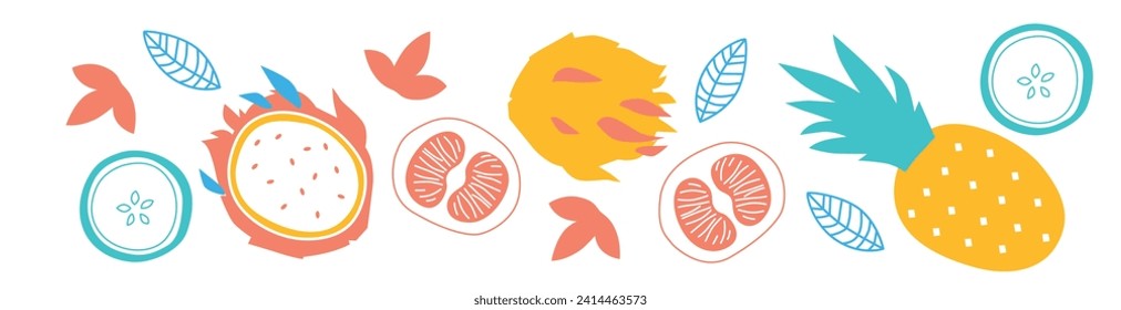 Appetizing fruit and berries. Decorative abstract horizontal banner with colorful doodles. Hand-drawn modern illustrations with fruit and berries, abstract elements. Abstract series