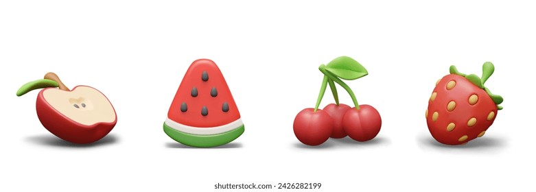 Appetizing fruit and berry icons set. 3D half of apple, slice of watermelon, cherries, strawberries