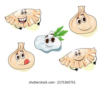 Appetizing funny set of different dumplings, khinkali, sour cream on isolated fwhite background. Vector hand drawn illustration. World Food Day