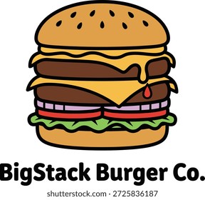 Apetitoso logotipo de Diseño gráfico Ilustración de una Ilustración vectorial de hamburguesa de gran pila 
