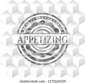 Appetizing grey badge with geometric cube white background