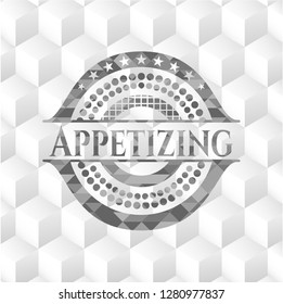 Appetizing grey emblem. Retro with geometric cube white background