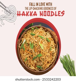 Appetizing Hakka noodles garnished with fresh green onions and vibrant vegetables. High-quality food photography showcasing a delicious and flavorful Asian noodle dish.