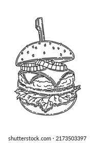 Appetizing hamburger. Black silhouette. Design element. Hand drawn sketch. Vintage style. Vector illustration isolated on white background.
