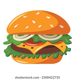 An appetizing hamburger with a fluffy bun, a juicy cutlet, cheese, onions and lettuce. Vector. Illustration in cartoon style.