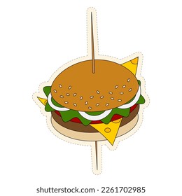Appetizing Hamburger on a skewer with cheese, onion, tomato and lettuce. Sticker. Happy burger day.