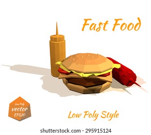 Appetizing hamburger and the sauce: mustard, ketchup Isolated on white background in low-polygonal style. Grunge. Design price list of your bistro. Fast food. Vector illustration.