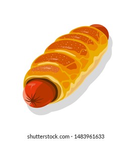 Appetizing hot dog bun. Pig in a blanket. Sausage bread roll. Meat wrapped in flaky, puff pastry. Lunchtime snack. Fast food. Cartoon vector illustration isolated on white background.