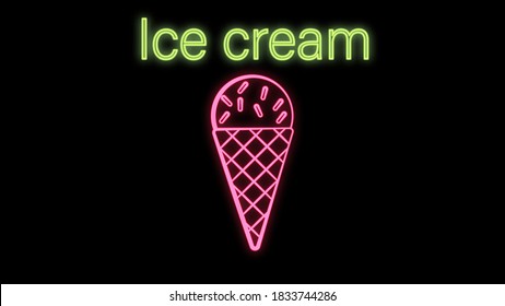 appetizing ice cream, a ball in a waffle cup, on a black background, vector illustration. pink neon sign with green inscription. design of a confectionery, cafe. restaurant decor.