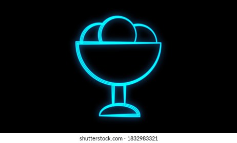 appetizing ice cream in balls in a bowl, on a black background, vector illustration. blue neon sign. design of a confectionery, cafe. restaurant decor.