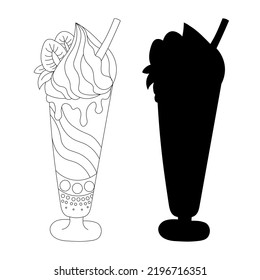 Appetizing ice cream with fruits and syrup, coloring and silhouette. 
Monochrome deserts isolated on white background. Coloring book style for children and adults.
