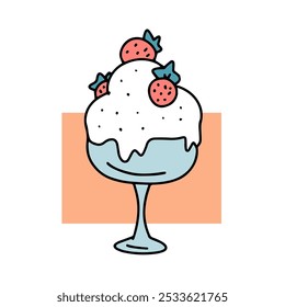 Apetitoso helado con fresas en una taza de vidrio. Dulce delicia sabrosa en un café. Deliciosa comida, postre láctico de verano. Ilustración vectorial de dibujos animados doodle. Esquema dibujado