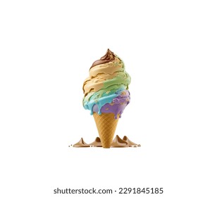 Appetizing ice cream with a waffle cup and splashes of melting chocolate and cream on a white background. Vector illustration