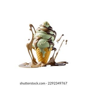 Apetitoso helado con una taza de gofre y salpicaduras de chocolate y crema derritiéndose sobre un fondo blanco. Ilustración del vector