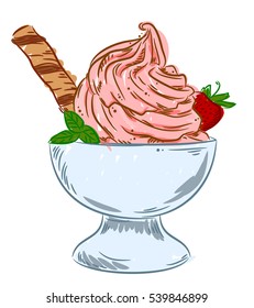 Appetizing ice-cream in the bowl with strawberries and wafer rolls, freehand drawing, doodle