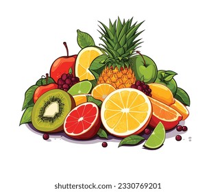 An appetizing illustration of fresh fruits, skillfully arranged on a white background, showcasing a vibrant display of colorful and nutritious delights