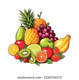 An appetizing illustration of fresh fruits, skillfully arranged on a white background, showcasing a vibrant display of colorful and nutritious delights