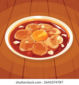 Appetizing illustration of marinated scallops (or soy-marinated scallops) with a bright egg yolk, chili, and garlic. This popular Asian delicacy is perfect for culinary, food, and restaurant-themed de