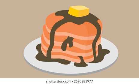 appetizing illustration of a pancake breakfast featuring fluffy pancakes stacked high, drizzled with rich maple syrup, and topped with a generous pat of butter melting on top