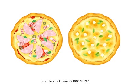 Appetizing Italian Pizza as Round Hot Dough Topped with Wurst, Tomato and Cheese Above View Vector Set