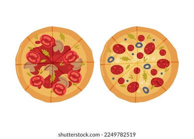 Appetizing Italian Pizza as Round Hot Dough Topped with Tomato and Mushroom Above View Vector Set