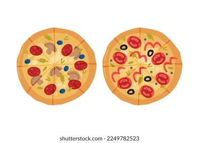 Appetizing Italian Pizza as Round Hot Dough Topped with Tomato and Mushroom Above View Vector Set