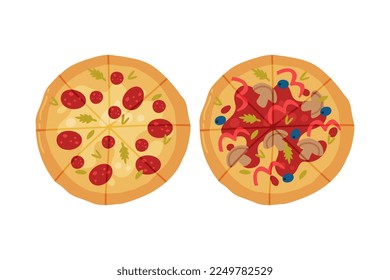 Appetizing Italian Pizza as Round Hot Dough Topped with Wurst and Mushroom Above View Vector Set