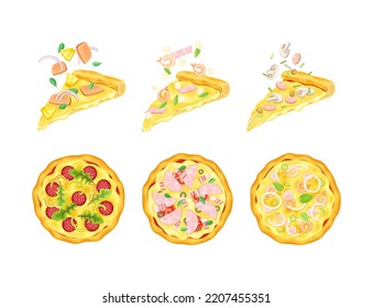 Appetizing Italian Pizza Slice and Whole as Round Hot Dough Topped with Ingredients Vector Set