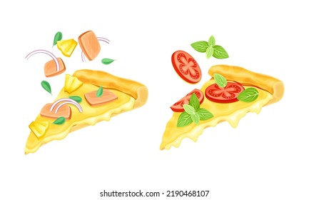 Appetizing Italian Pizza Slices With Melting Cheese As Hot Dough Topped With Tomato, Basil And Salmon Dropping Vector Set