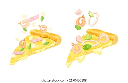 Appetizing Italian Pizza Slices with Melting Cheese as Hot Dough Topped with Shrimp and Wurst Vector Set