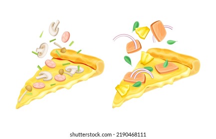 Appetizing Italian Pizza Slices with Melting Cheese as Hot Dough Topped with Dropping Mushroom and Salmon Vector Set