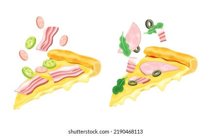 Appetizing Italian Pizza Slices with Melting Cheese as Hot Dough Topped with Bacon and Wurst Vector Set