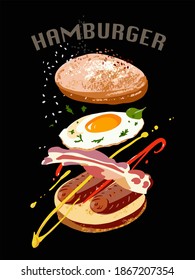 Appetizing juicy hamburger, sandwich with flying products: fried egg, sausages, prosciutto, ham, mayonnaise, ketchup, parsley, spices, grains, roll. Vector full color illustration.