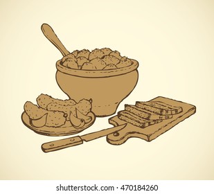 Appetizing kitchen still life. Traditional Slavic nutrient: fry in crock, marinated sativum and chopped fat slices isolated. Outline ink hand drawn picture sketch in art retro style
