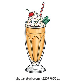 Appetizing milkshake element colorful detailed delicious dessert from cold milk drink in glass with cream and mint leaves vector illustration