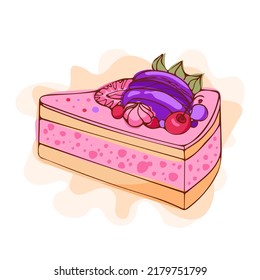 Appetizing mousse cake with cherries, strawberries, macaroons. Modern vector illustration in sketch style. international cake day. For cookbooks, stickers, design elements, menus, postcards, posters