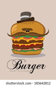 Appetizing mustache hamburger in cartoon style for fast food design