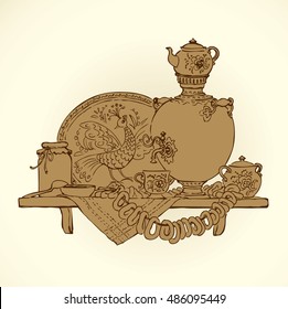 Appetizing old kitchen ornate table still life. Traditional nutrient cuisine isolated on white backdrop. Outline ink hand drawn picture sketch in art retro engraving graphic style with space for text