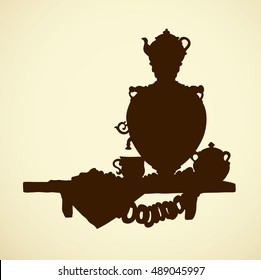 Appetizing old kitchen ornate table still life. Traditional nutrient cuisine isolated on white backdrop. Dark ink hand drawn picture sketch in art retro engraving graphic style with space for text
