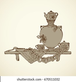 Appetizing old kitchen ornate table still life. Traditional nutrient cuisine isolated on white backdrop. Outline ink hand drawn picture sketch in art retro engraving graphic style with space for text