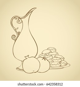 Appetizing old kitchen still life. Traditional nutrient brunch cuisine isolated on white backdrop. Outline ink hand drawn picture sketch in art retro engraving graphic style with space for text