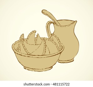 Appetizing old kitchen table still life. Hot meat or potato filled unleavened pirogi with sour cream on white backdrop. Outline ink drawn picture sketch in art retro engraving style and space for text