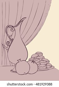 Appetizing old kitchen table still life. Traditional nutrient brunch cuisine isolated on white backdrop. Outline ink hand drawn picture sketch in art retro engraving graphic style with space for text