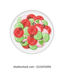 Appetizing organic fresh vegetable salad serving on plate top view vector flat illustration. Healthy food vegetarian nutrition tomato, cucumber and onion slice restaurant cafe menu homemade recipe