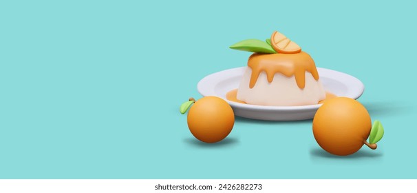 Appetizing panna cotta with orange syrup, fruit. Detailed 3D illustration on blue background