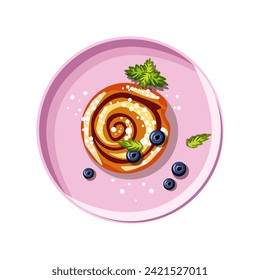 Appetizing pastries with sesame seeds and berries on a pink plate. Vegetables on toast. Sweet food for lunch. Self care. Vector illustration