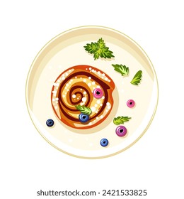 Appetizing pastries with sesame seeds and blueberries on a pink plate. Vegetables on toast. Sweet food for lunch. Self care. Vector illustration