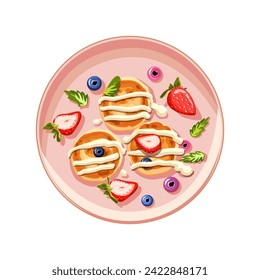 Appetizing pastries with sesame seeds and blueberries on a pink plate. Vegetables on toast. Sweet food for lunch. Self care. Vector illustration